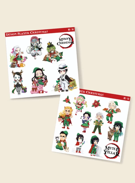 Demon Slayer-Yeni Yıl -Merry Christmas- Yılbaşı 2li çıkartma-etiket-süsleme-hediye-çıkartmaları - Resim 2