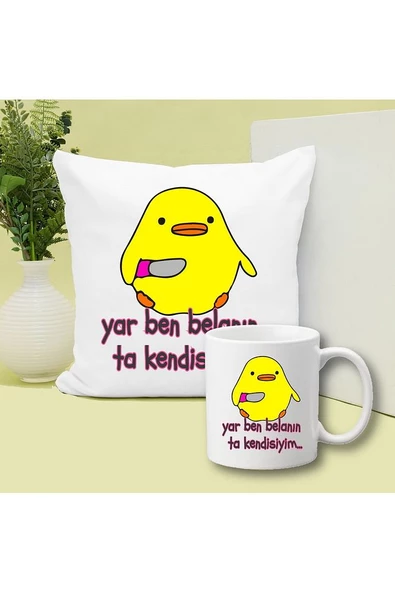 Belalı Civciv Baskılı Kupa ve Yastık Hediyelik Set Arkadaşa Hediye