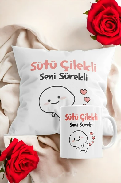 Hediyemi Sütü Çilekli Seni Sürekli Baskılı Hediyelik Yastık Ve Kupa Seti