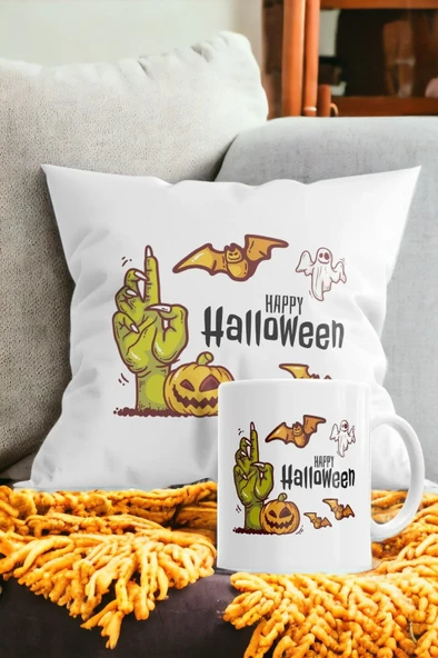 Hediyemi Happy Halloween Baskılı Hediyelik Yastık Ve Kupa Seti