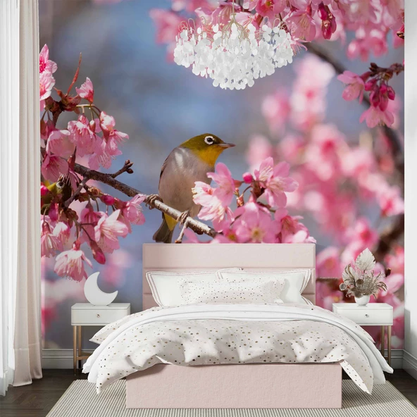 Pembe Çiçek ve Kuş Manzaralı Duvar Kağıdı - Resim 2
