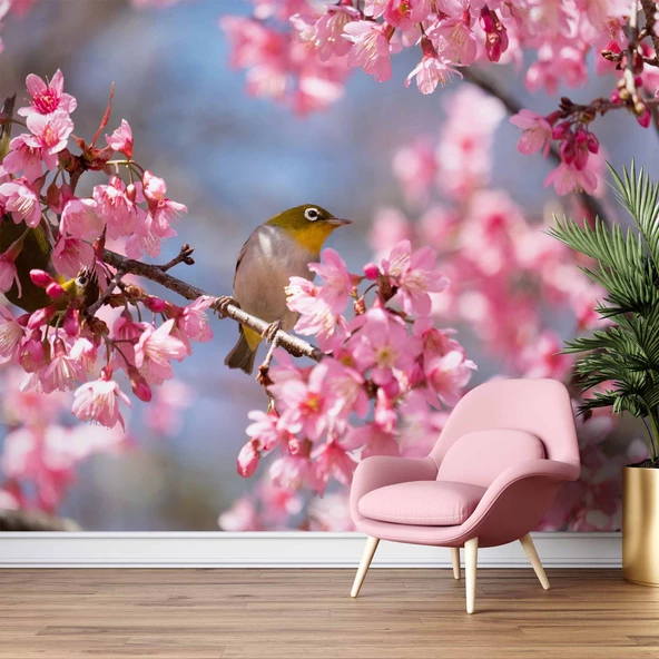 Pembe Çiçek ve Kuş Manzaralı Duvar Kağıdı - Resim 6