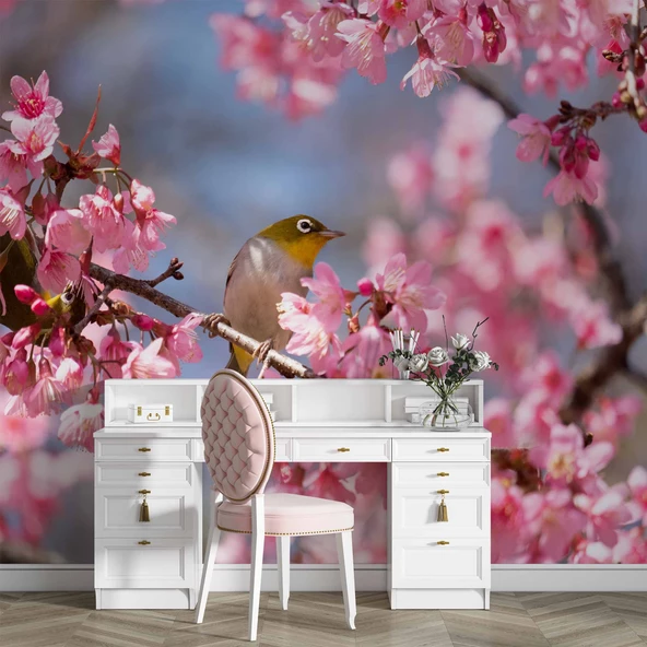 Pembe Çiçek ve Kuş Manzaralı Duvar Kağıdı - Resim 4