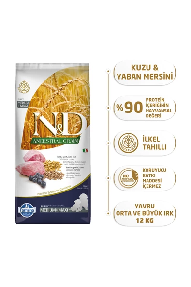 N&D Düşük Tahıllı Kuzulu Yaban Mersinli Yavru Büyük Irk Köpek Maması 12 kg