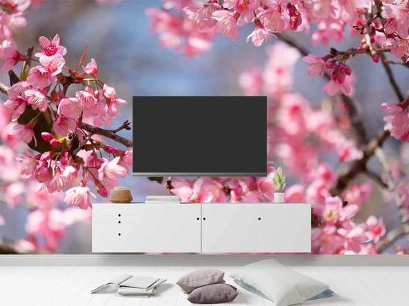 Pembe Çiçek ve Kuş Manzaralı Duvar Kağıdı - Resim 3