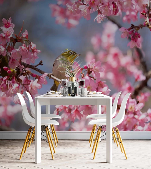 Pembe Çiçek ve Kuş Manzaralı Duvar Kağıdı - Resim 5