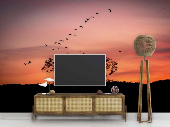 Günbatımı Ağaç ve Kuş Gölgesi Manzaralı Duvar Kağıdı - Resim 3