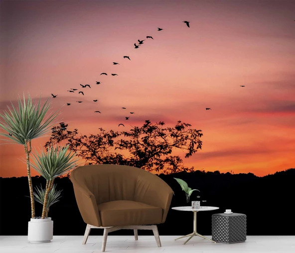 Günbatımı Ağaç ve Kuş Gölgesi Manzaralı Duvar Kağıdı - Resim 6