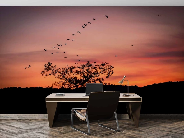 Günbatımı Ağaç ve Kuş Gölgesi Manzaralı Duvar Kağıdı - Resim 4
