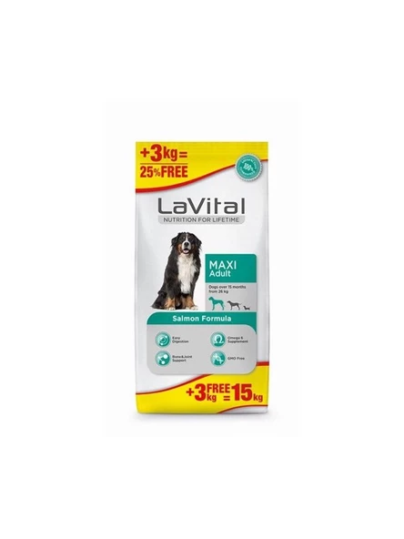 La Vital Maxi Adult Salmon Somonlu Büyük Irk Yetişkin Köpek Maması 12+3 Kg