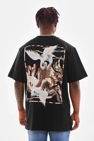 Unisex Baskılı Oversize T-Shirt - Siyah - 2