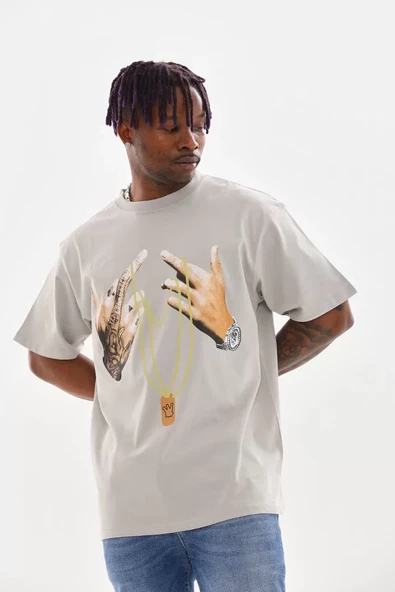 Unisex Baskılı Oversize T-Shirt - Gri - 5