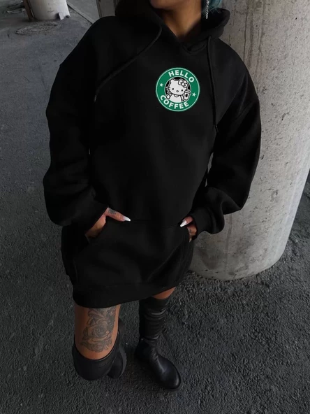 Penye Uzun Kol Kapşonlu SweatShirt - Siyah - 2