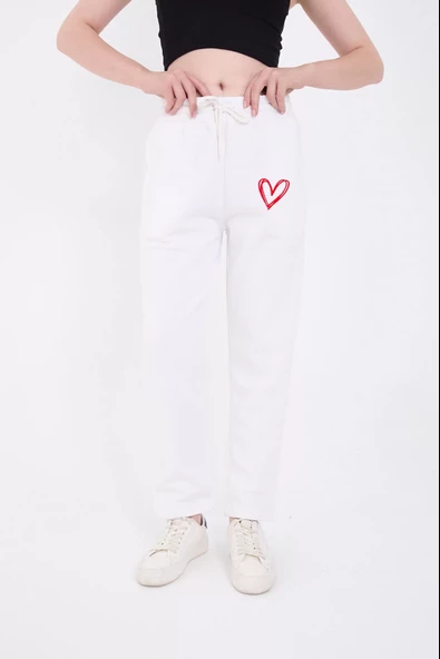 Oversize Boru Paça Baskılı Eşofman Pantolon - Beyaz - 4