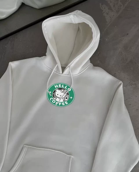 Penye Uzun Kol Kapşonlu SweatShirt - Beyaz - 1