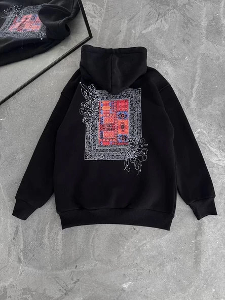 Kapşonlu Ön Ve Arka Baskılı SweatShirt - Siyah - 5