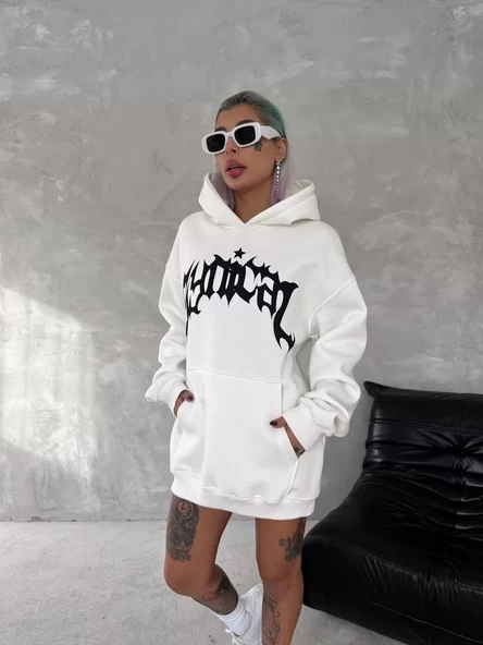 Unisex Kapşonlu Baskılı SweatShirt - Beyaz - 2