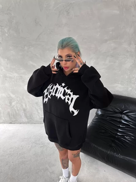 Unisex  Kapşonlu Baskılı SweatShirt - Siyah - 2