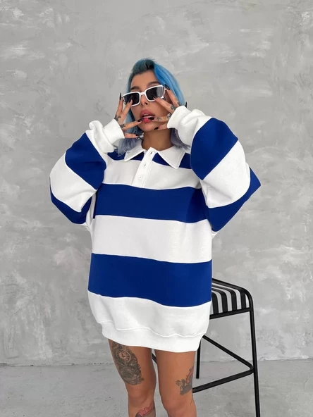 Unisex  Parçalı Yakalı SweatShirt - Mavi