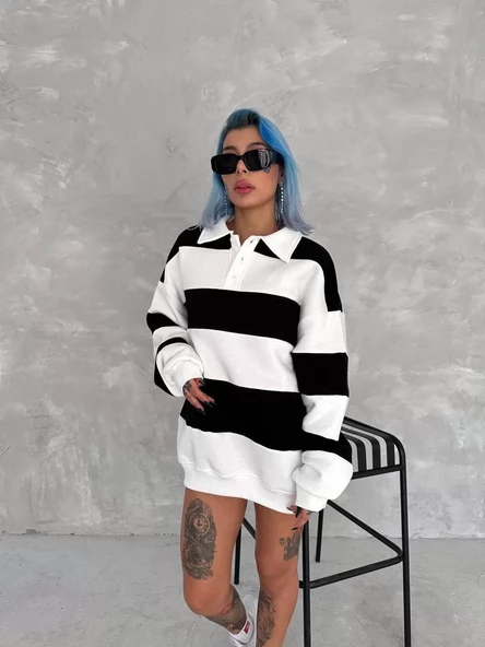 Unisex  Parçalı Yakalı SweatShirt - Siyah - 4