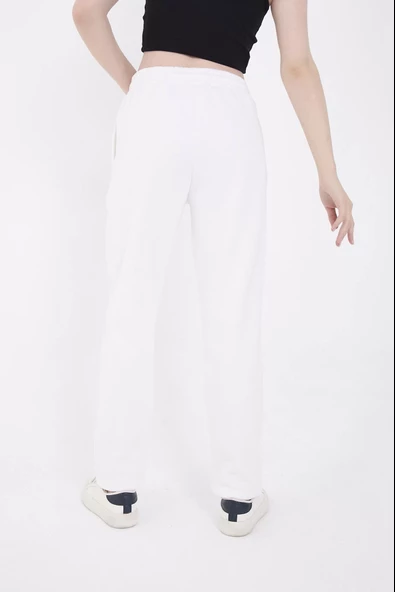 Oversize Boru Paça Baskılı Eşofman Pantolon - Beyaz - 3