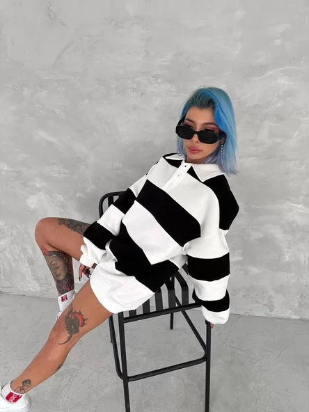 Unisex  Parçalı Yakalı SweatShirt - Siyah - 7