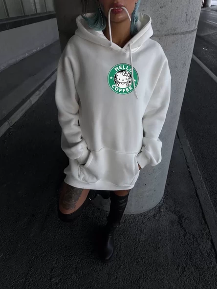 Penye Uzun Kol Kapşonlu SweatShirt - Beyaz - 5