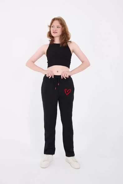 Oversize Boru Paça Baskılı Eşofman Pantolon - Siyah - 3