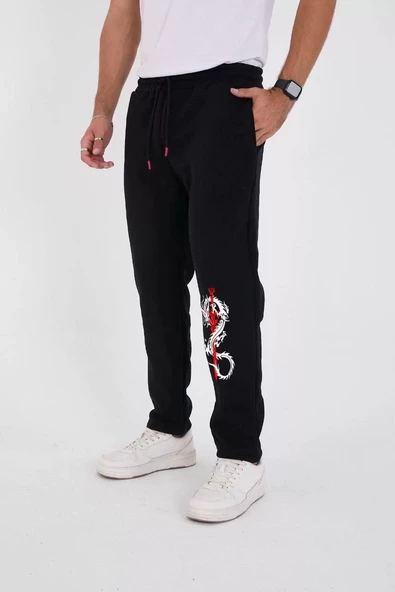 Kışlık  Baskılı Eşofman Pantolon - Siyah - 2