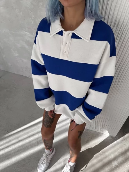 Unisex  Parçalı Yakalı SweatShirt - Mavi - 6