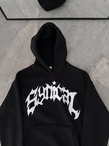 Kışlık Kapşonlu Baskılı Oversize SweatShirt- Siyah - 2