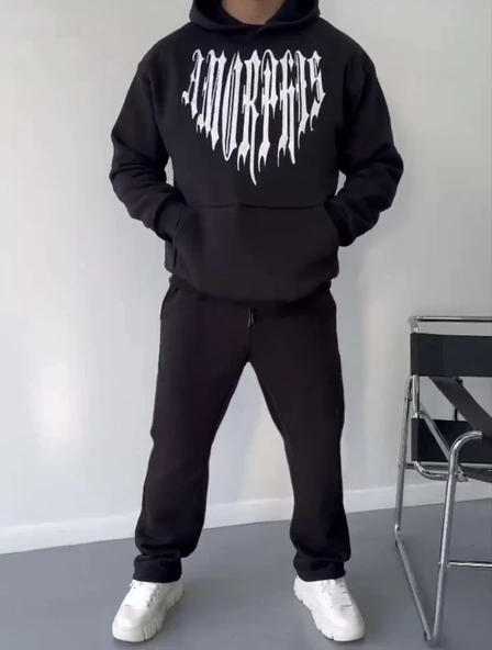 Uzun Kol Kapşonlu Baskılı SweatShirt - Siyah - 4