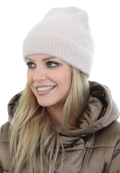 Unisex  İnce Sakallı Triko Bere - Kırık Beyaz