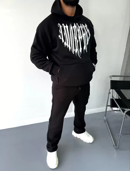 Uzun Kol Kapşonlu Baskılı SweatShirt - Siyah - 6