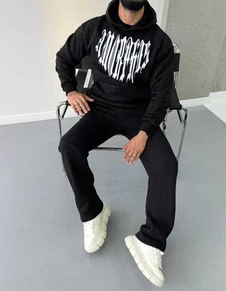 Uzun Kol Kapşonlu Baskılı SweatShirt - Siyah - 7