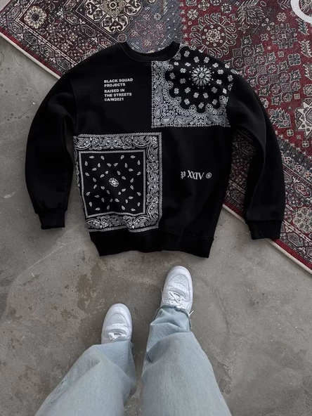 Desenli Bisiklet Yaka Oversize SweatShirt - Siyah - 2