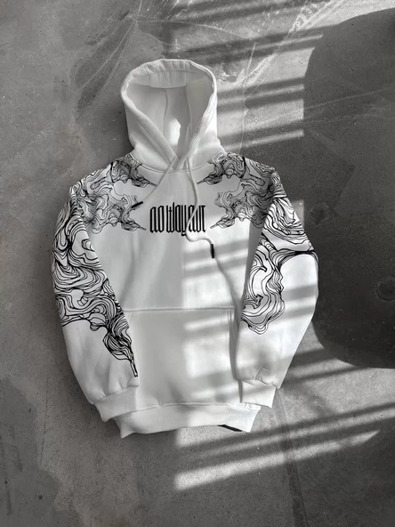 Kışlık  Baskılı Kapşonlu SweatShirt - Beyaz - 4