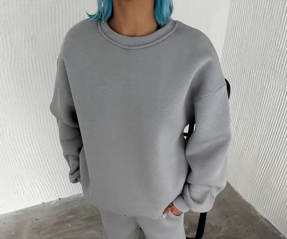 Kışlık Bisiklet Yaka  Basic SweatShirt - Gri - 2
