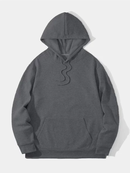 Erkek Düz Kapüşonlu Sweatshirt - Füme - 2