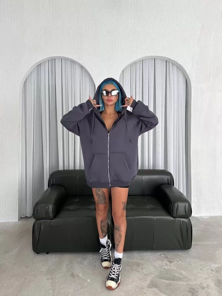 Oversize Tam Fermuarlı Uzun Kol Hırka - Füme - 2