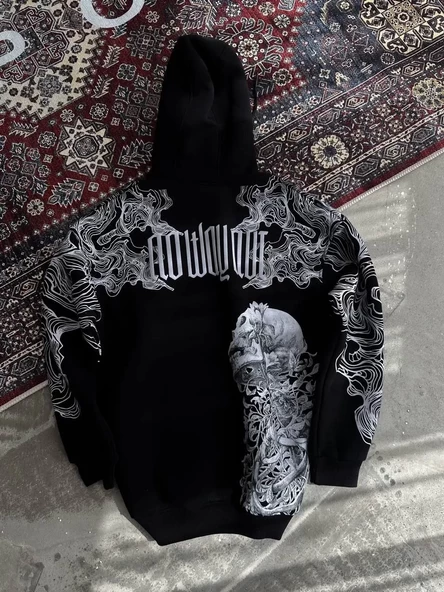 Kışlık Baskılı Kapşonlu SweatShirt - Siyah - 4