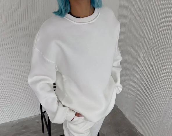 Kışlık Bisiklet Yaka Basic SweatShirt - Beyaz - 2