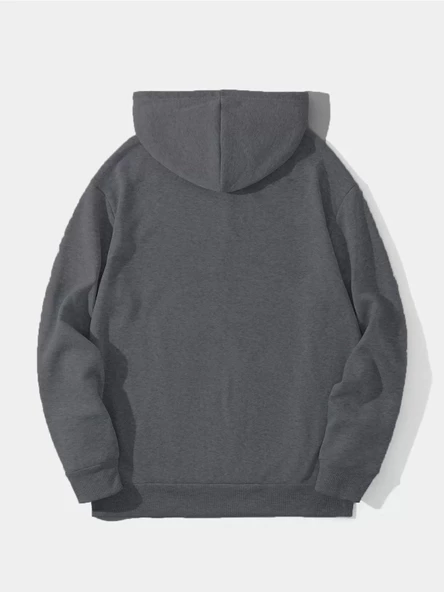 Erkek Düz Kapüşonlu Sweatshirt - Füme