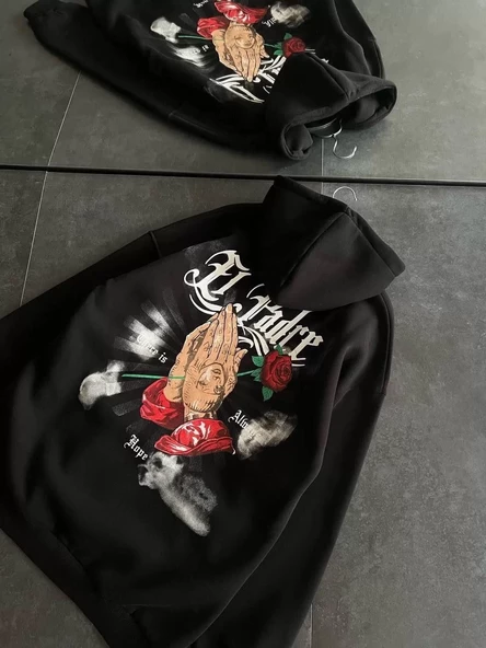 Penye Uzun Kol Kapşonlu Baskılı SweatShirt - Siyah