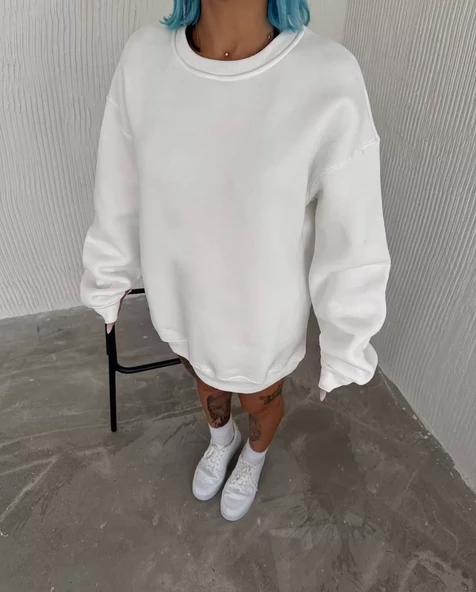 Kışlık Bisiklet Yaka Basic SweatShirt - Beyaz