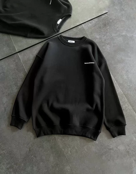 Kışlık Bisiklet Yaka Oversize Baskılı SweatShirt - Siyah - 4