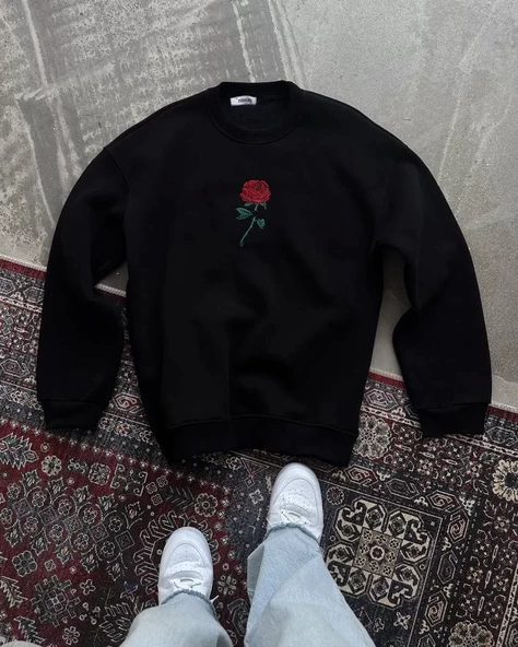 Oversize Bisiklet Yaka Baskılı SweatShirt - Siyah - 4