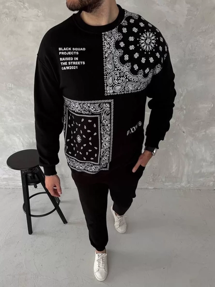 Desenli Bisiklet Yaka Oversize SweatShirt - Siyah