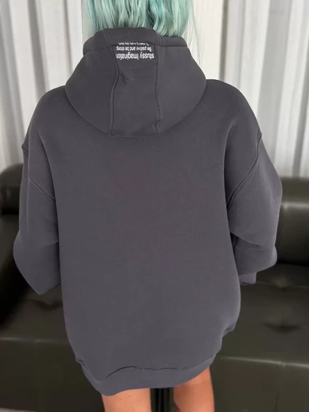 Kapşonlu Baskılı SweatShirt - Füme - 2