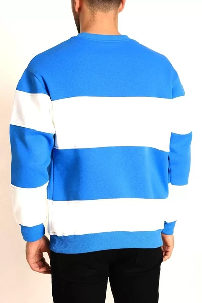 Parçalı Bisiklet Yaka Baskılı SweatShirt - Mavi - 2